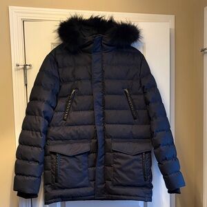 RUDSAK Men's Navy Blue Down Ski Jacket with Fur Trim Hood